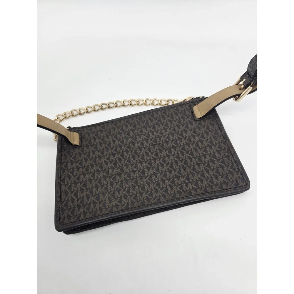 Michael Kors Brown Signature MK Pull Chain Waist Belt Bag Adjustable Gold Pack L
